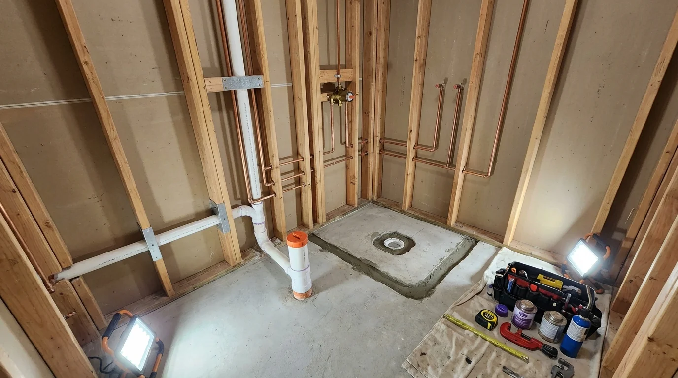 Bathroom rough-in plumbing during remodel by Johns Plumbing LLC in Alpharetta