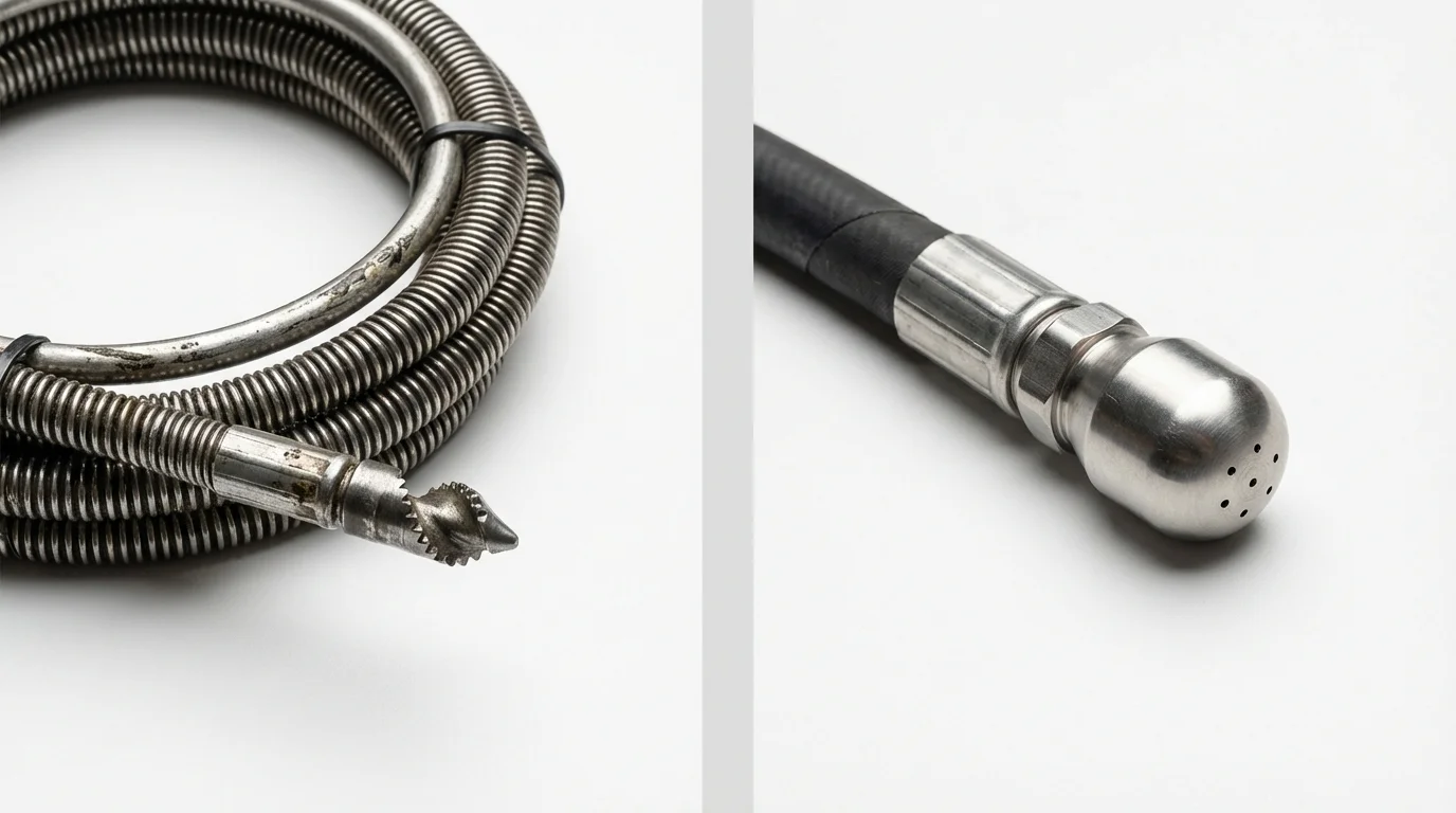 Drain snake cable and hydro jetting nozzle used for drain cleaning in Alpharetta, GA