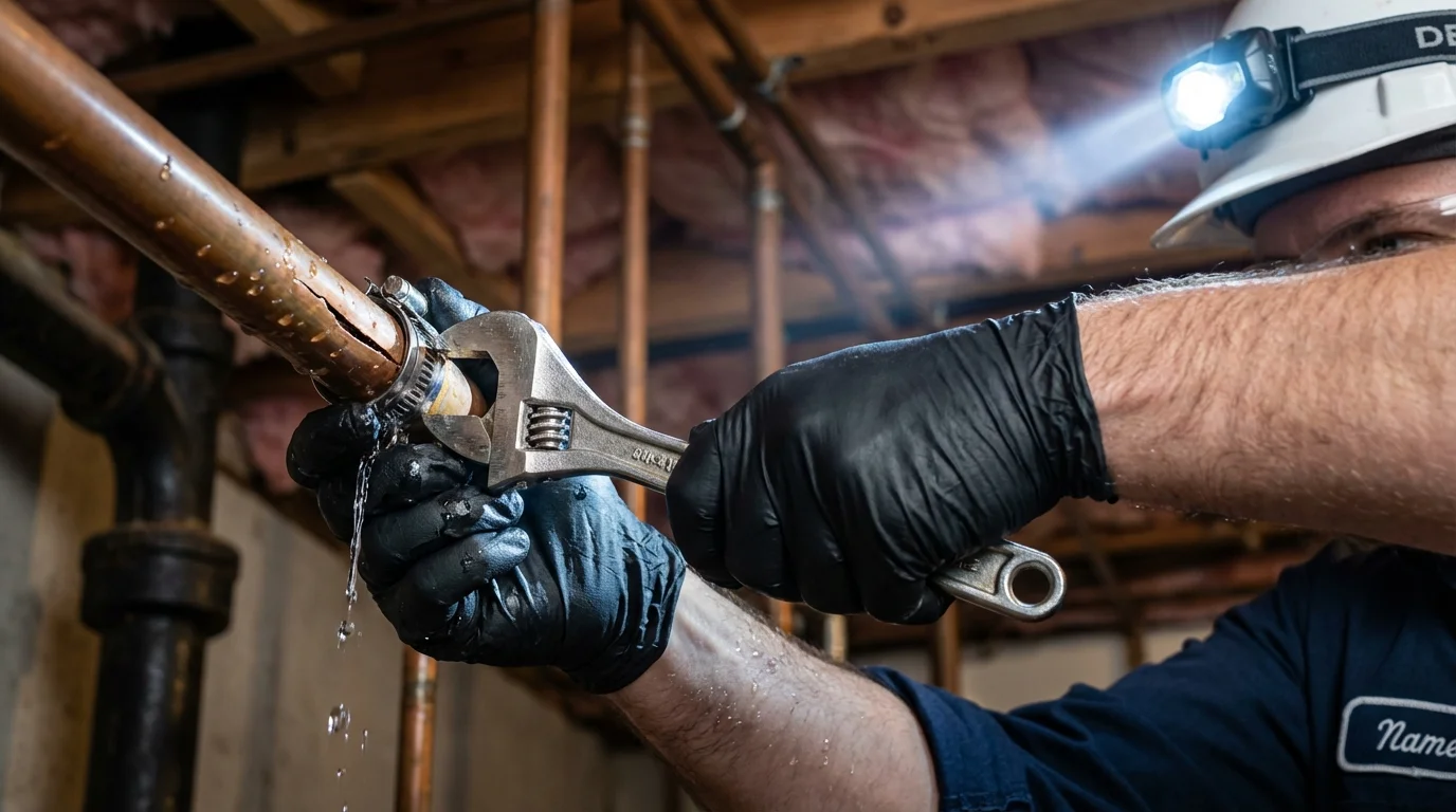 Emergency pipe clamp repair being performed by a Johns Plumbing LLC plumber in Alpharetta