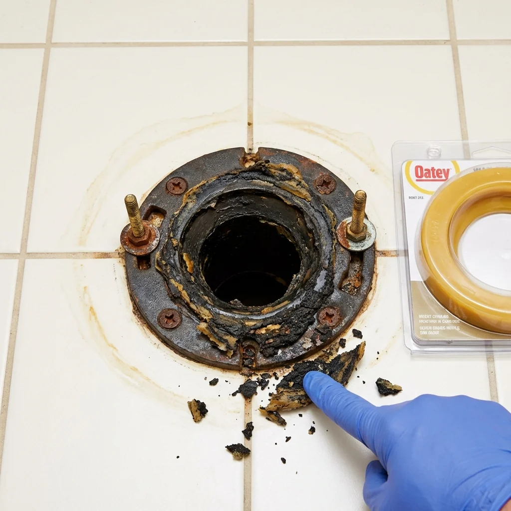Failed wax ring showing water seepage at the base of a toilet in a Alpharetta, GA home