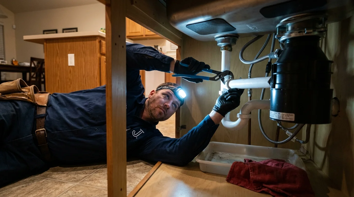P-trap and supply line connections under a kitchen sink showing a common leak point in Alpharetta, GA